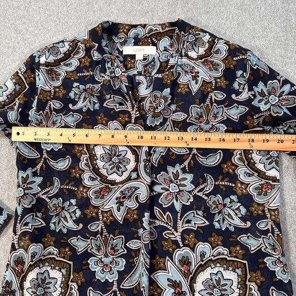 Loft Floral Paisley Peasant Sheer Tunic Blouse Women's small Navy/Brown V-Neck - Picture 6 of 9
